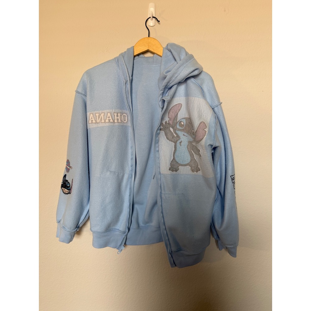Disney Stitch O'Hana Zip Hoodie Light Blue Chenille Patch Size Large - Picture 14 of 17